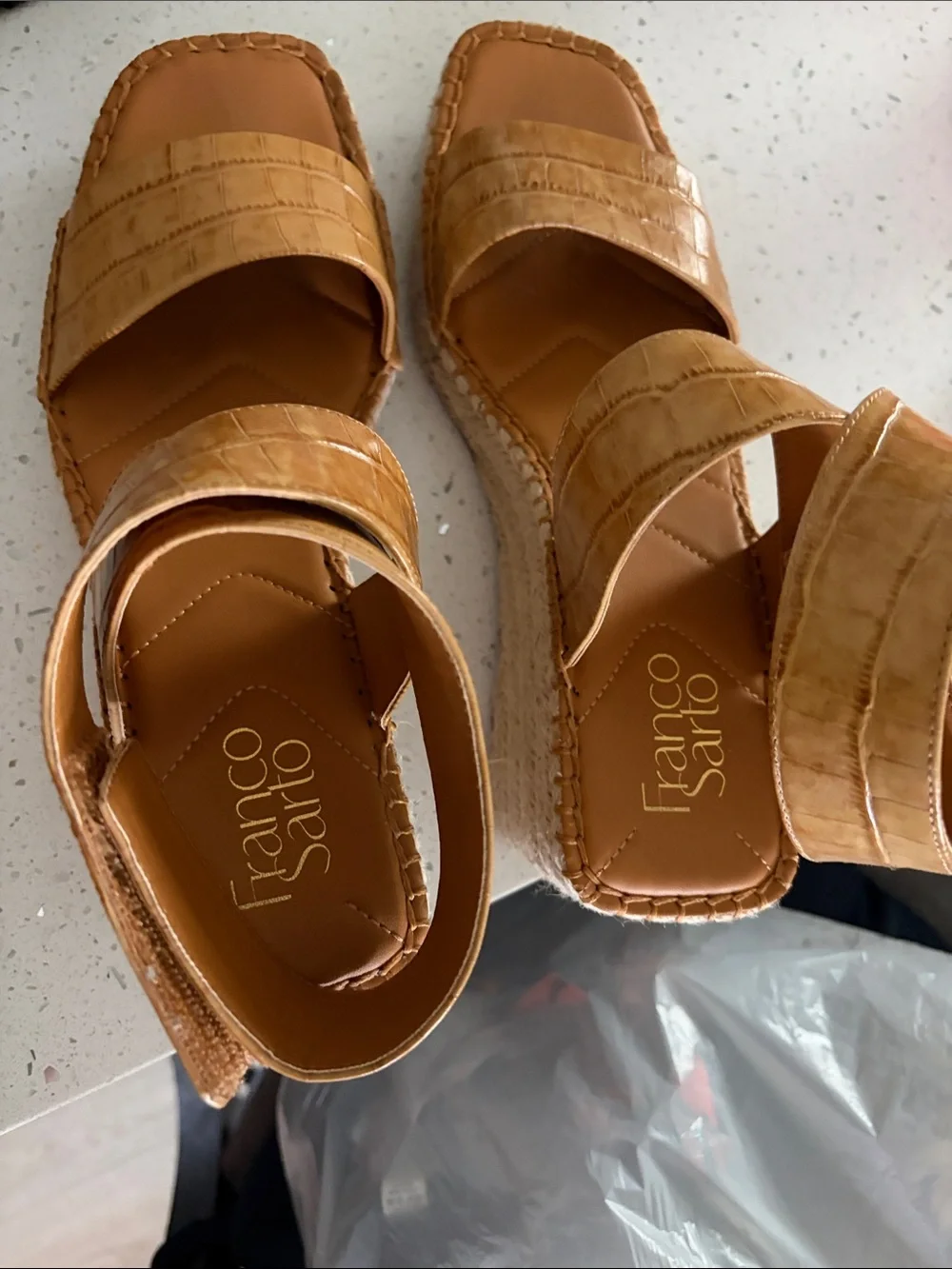 Franco Sarto Croc-Embossed Tan Slide Sandals